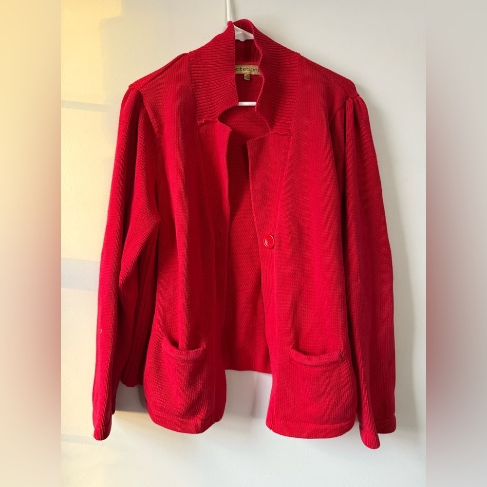VTG Notations Knit Cotton Vibrant Red Cardigan Sweater Buttons Thick Warm XL